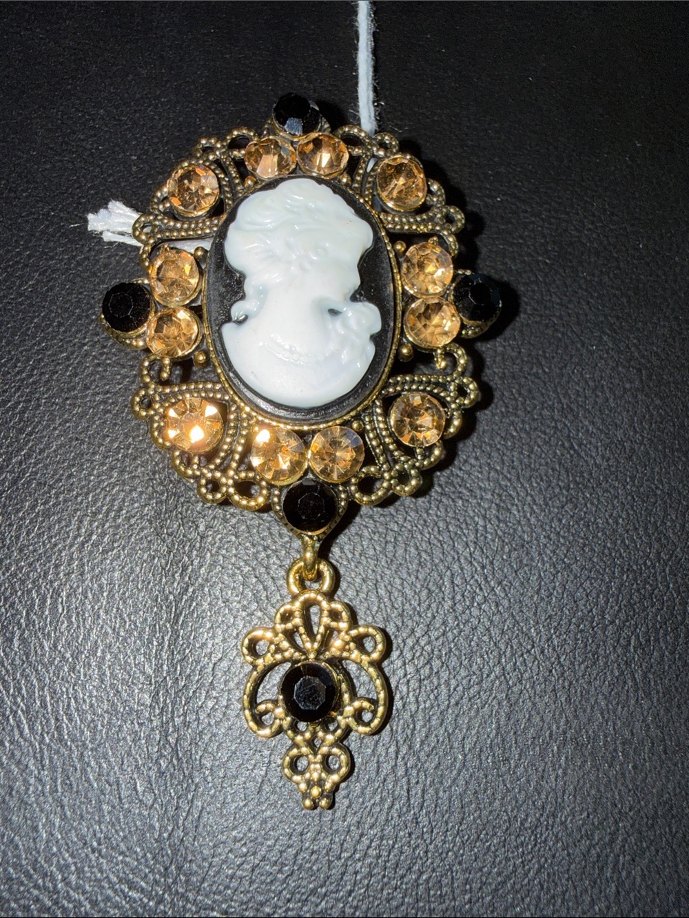 Gold-Tone Cameo Pendant Necklace with White Cameo and Amber Crystals